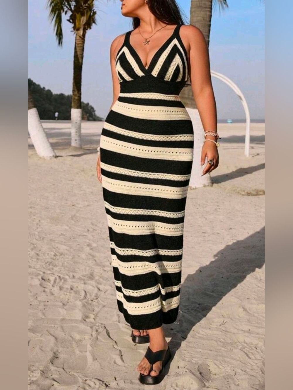 New Chic Striped Crochet Knit Cover Up Cami Dress PLUS Khaki Tan Black